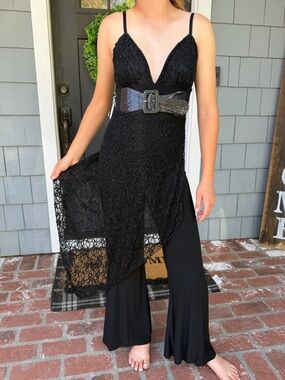 VTG Black Belted Jumpsuit Floral Sparkle Lace Bias-Cut Overlay Whimsigoth S NWT